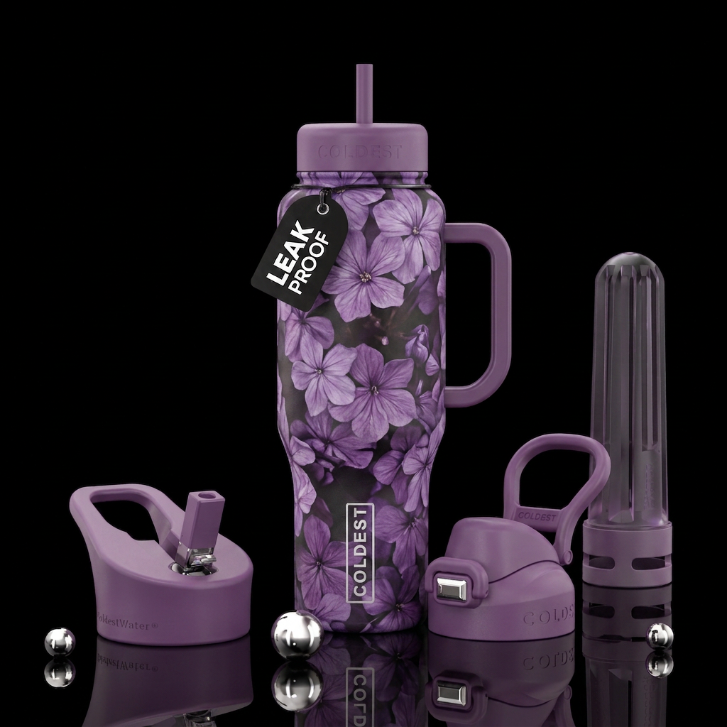 Purple flowers water bottle design