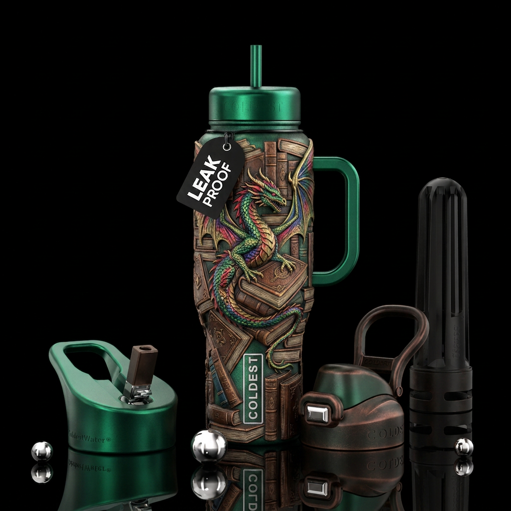 Books, dragon water bottle design