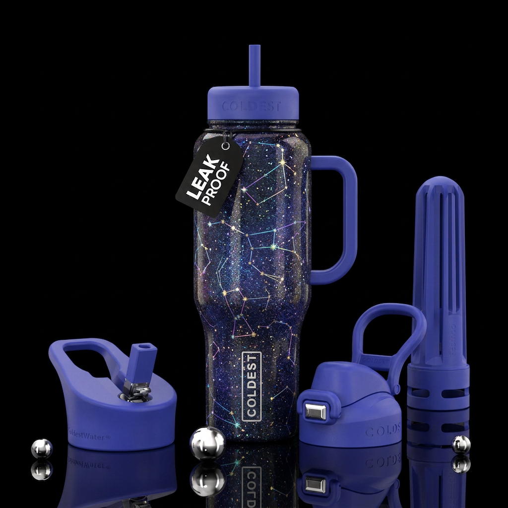 Glitter, constellations water bottle design