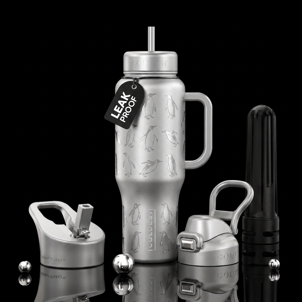 Silver, penguins water bottle design
