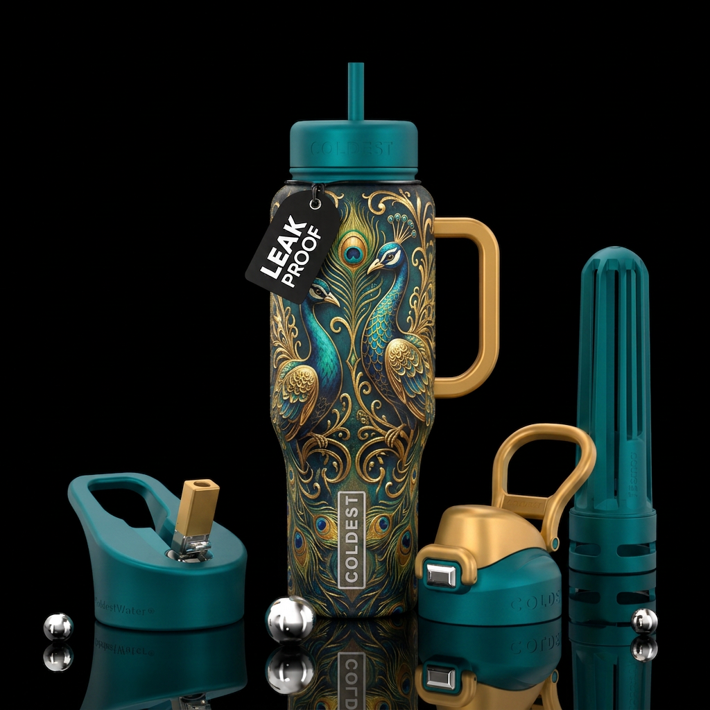 Peacock, gold water bottle design