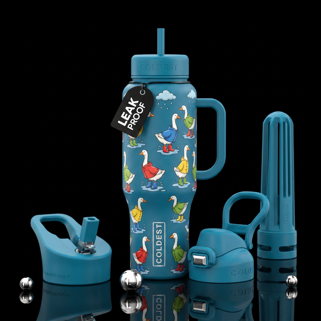 Geese in rain boots water bottle design