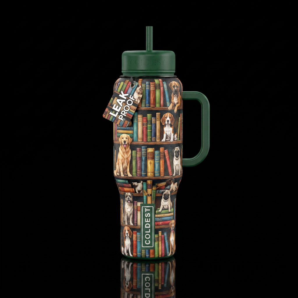 Books, dogs water bottle design