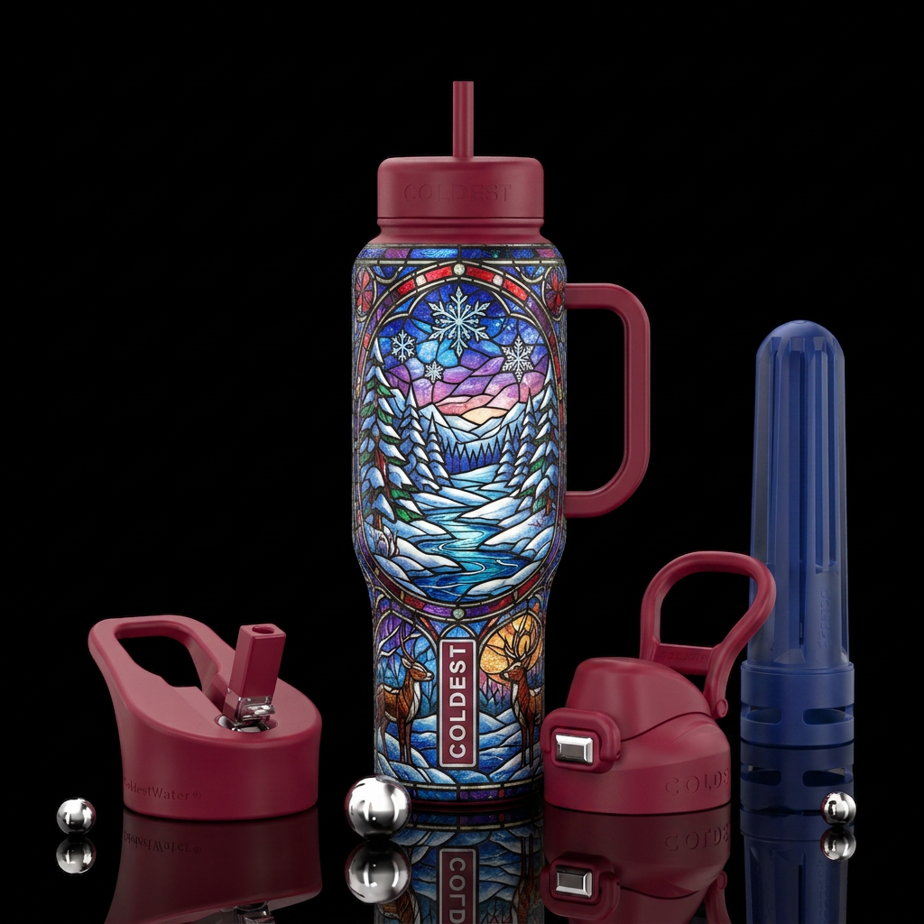 Stained glass, winter water bottle design