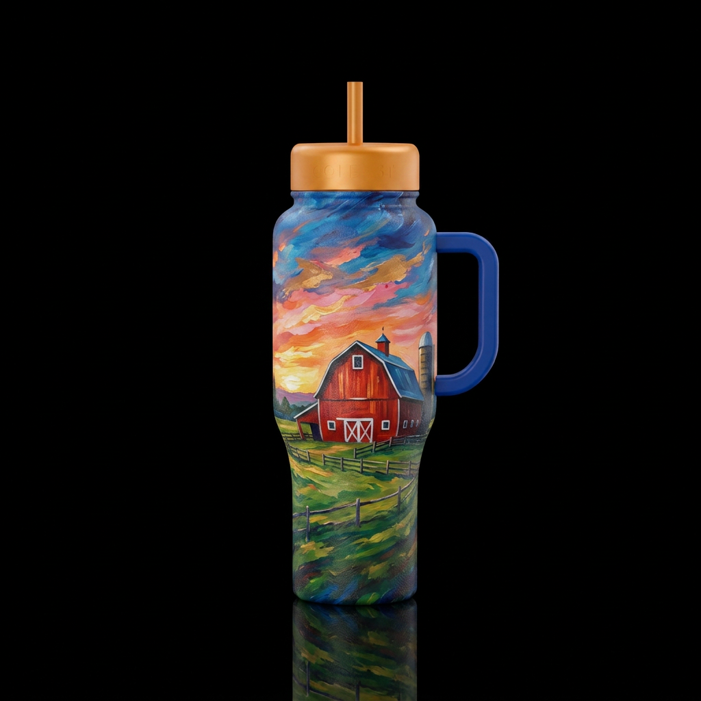 Barn, painting water bottle design