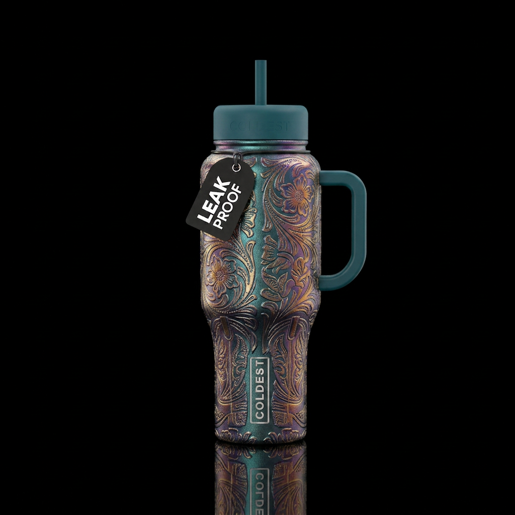 Metallic, boot stitch water bottle design