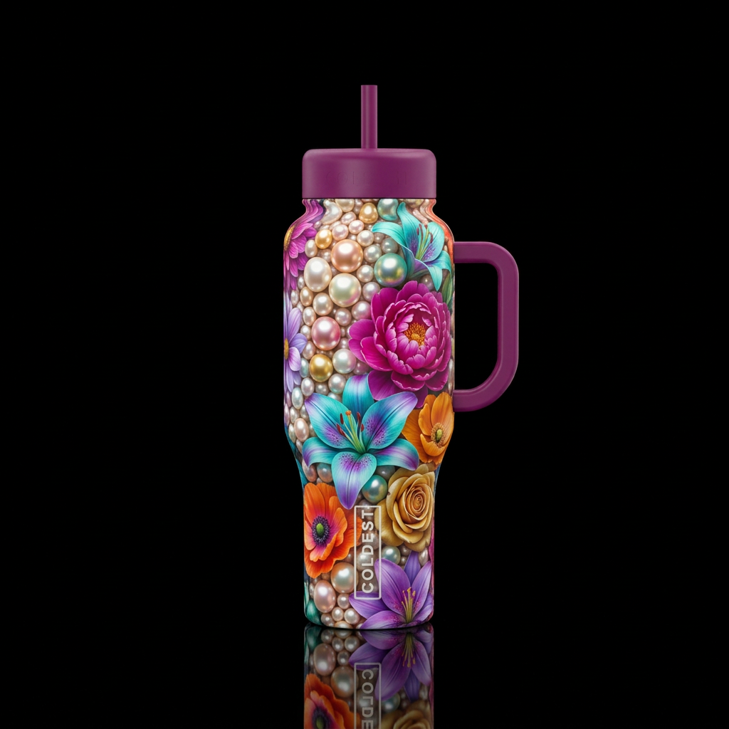 Pearls, flowers water bottle design