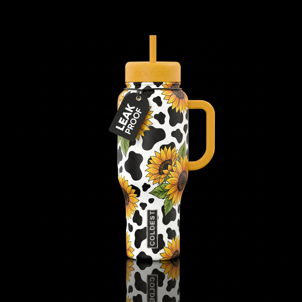 Cow print, sunflowers water bottle design