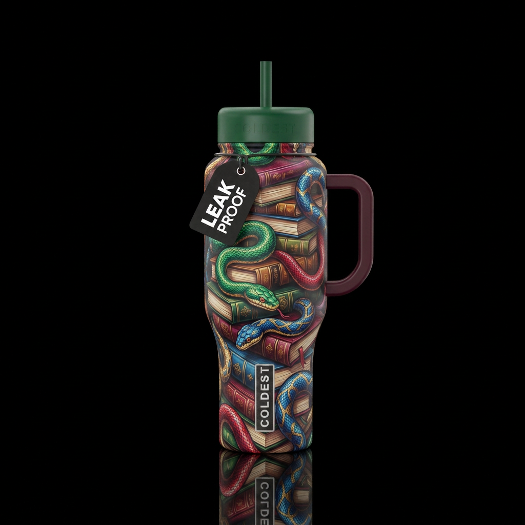 Books, snakes water bottle design