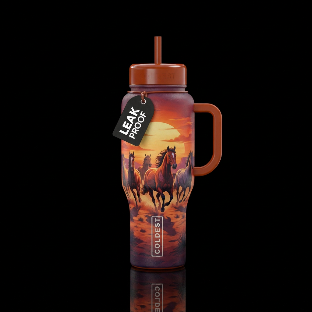 Horses, sunsets water bottle design