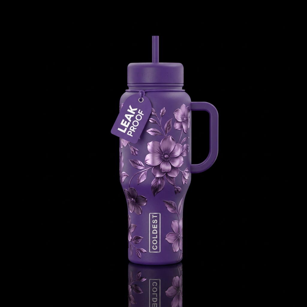 Purple, metallic, flowers water bottle design