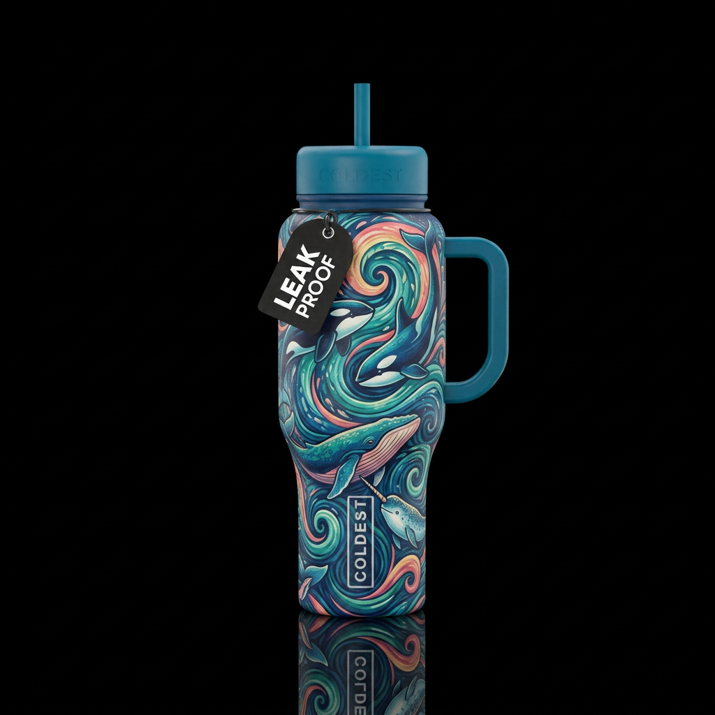 Swirls, whales water bottle design