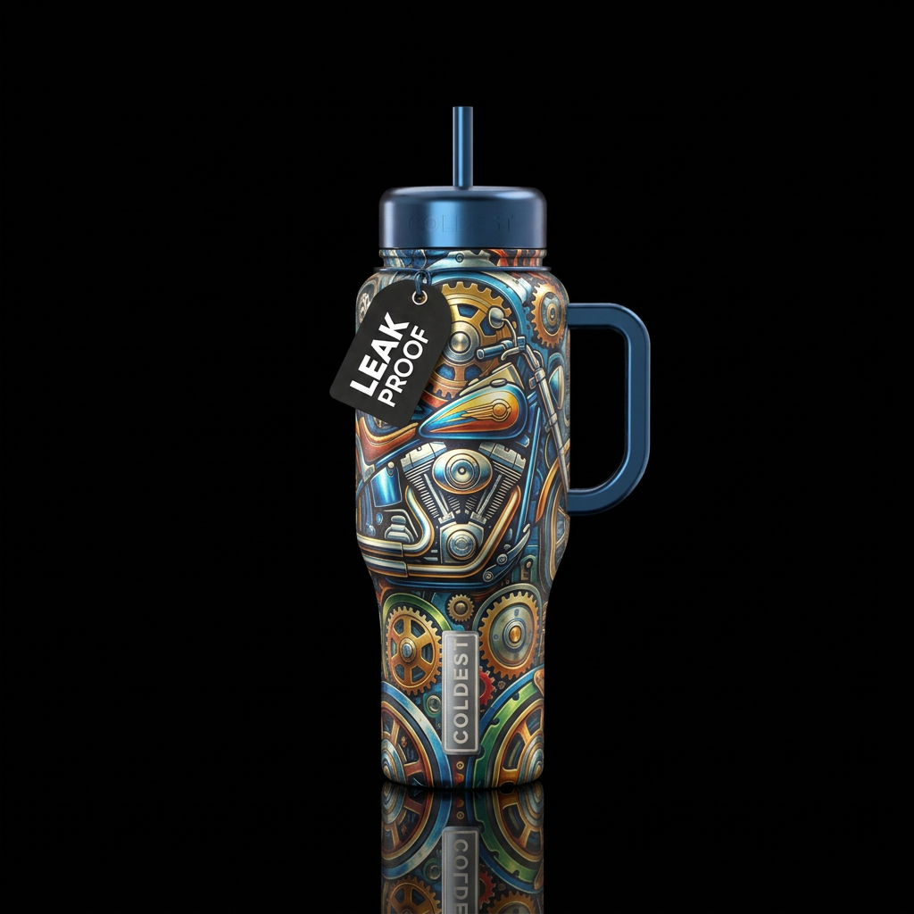 Motorcycle, metallic water bottle design