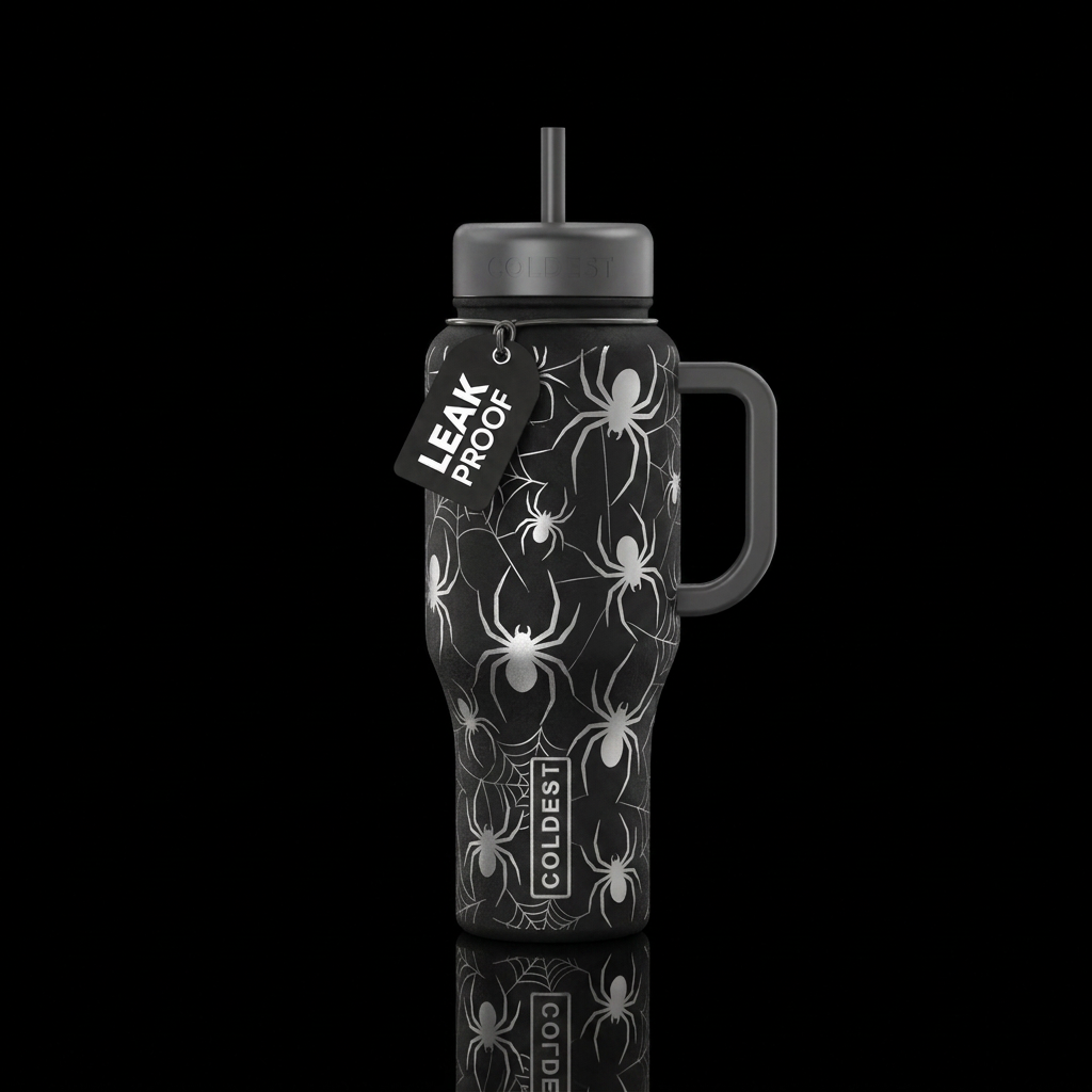 Silver, spiders water bottle design