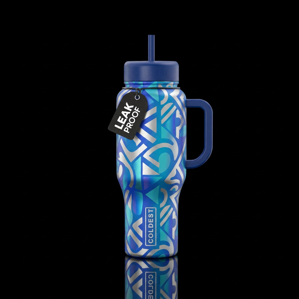 Silver, blue, pattern water bottle design