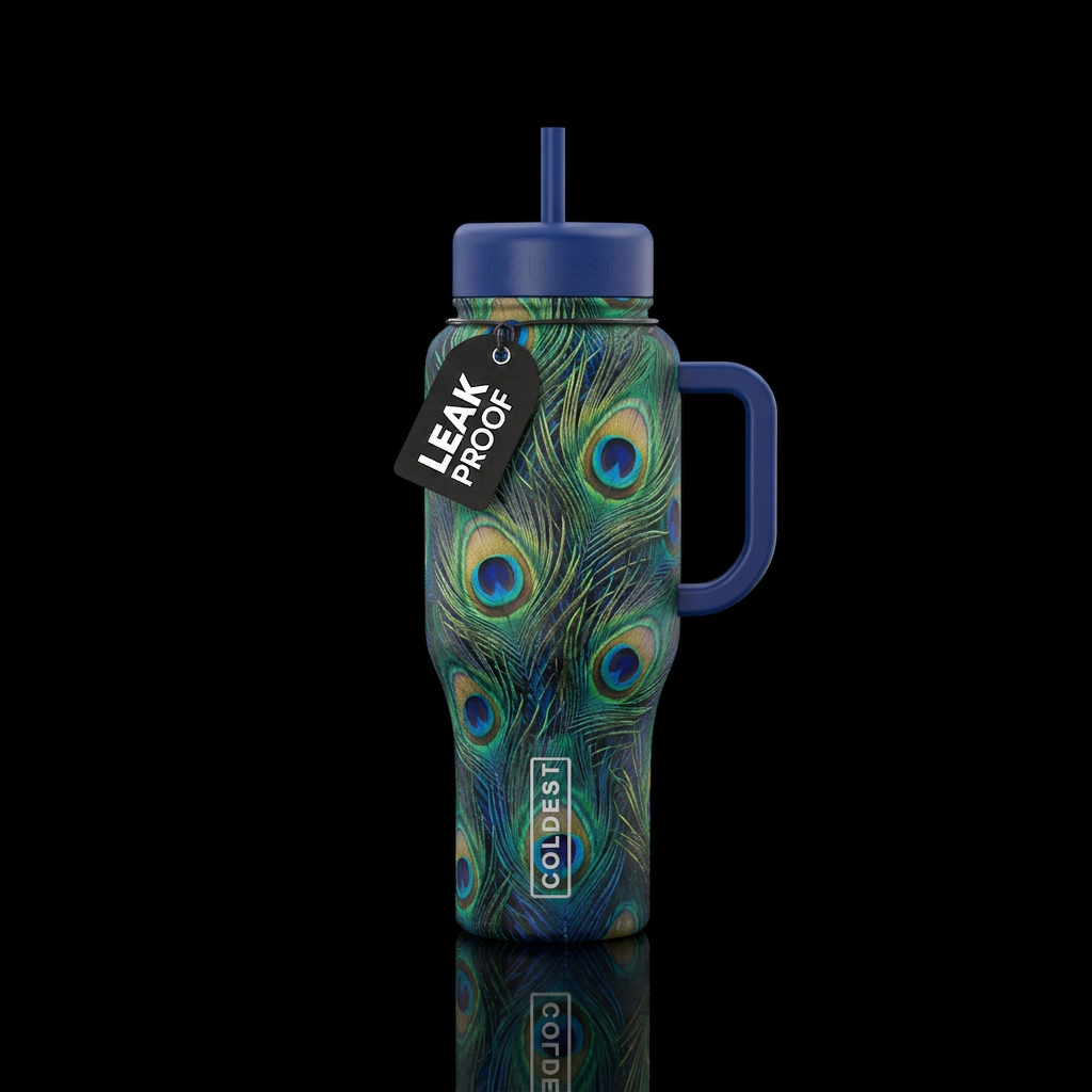 Peacock feathers water bottle design