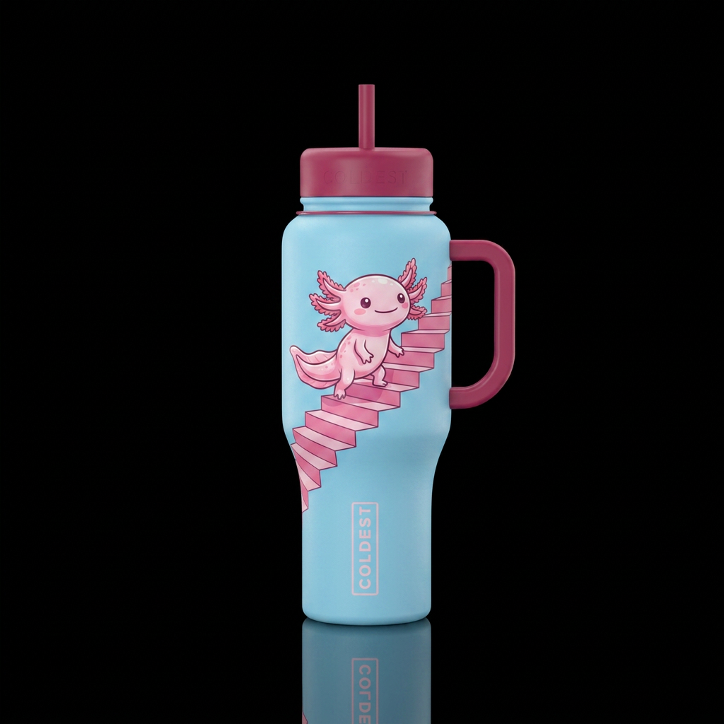 There's An Axolotl On The Pink Stairs water bottle design
