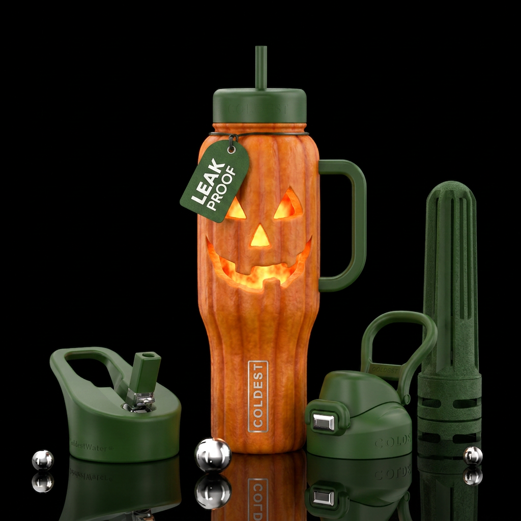 Bottle is an illuminated  jacck-o-latern, textured... water bottle design