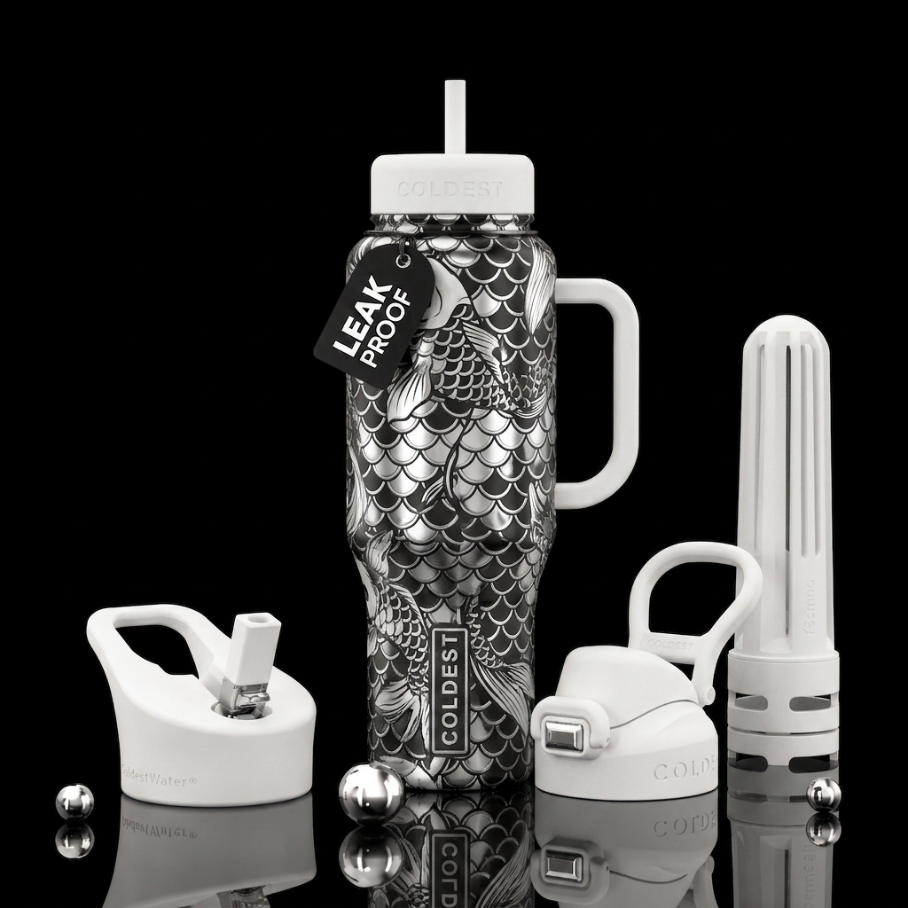 Black and white koi water bottle design