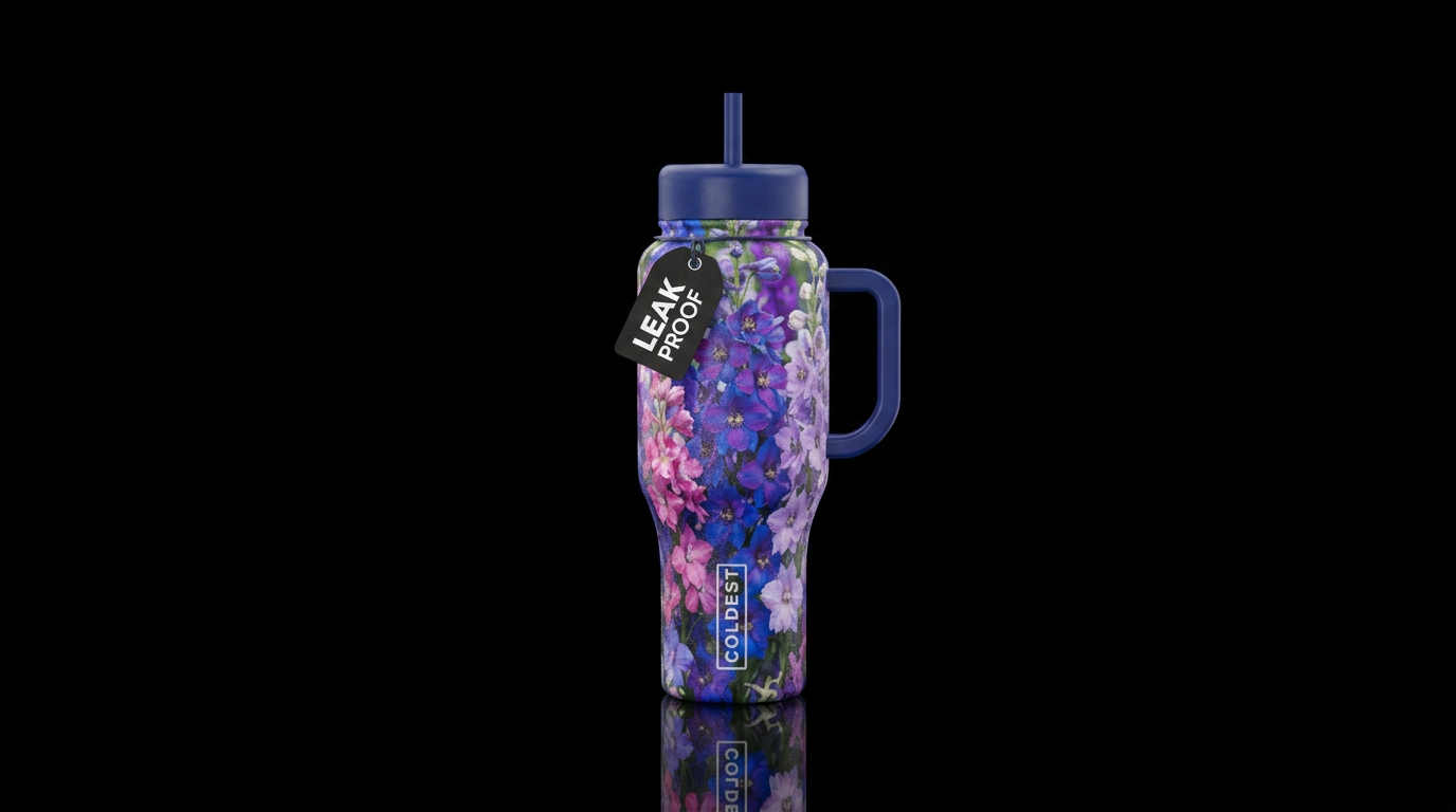 Multicolored hyper realistic larkspur flowers water bottle design