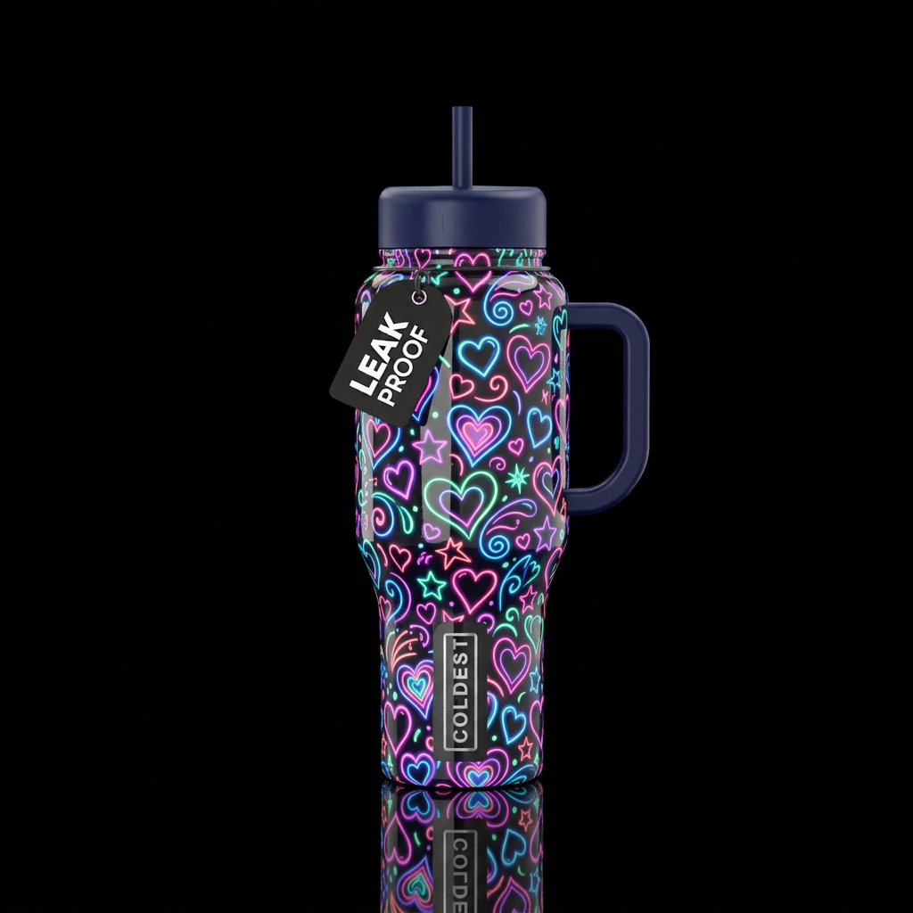 Neon multicolored glow in the dark hearts stars an... water bottle design