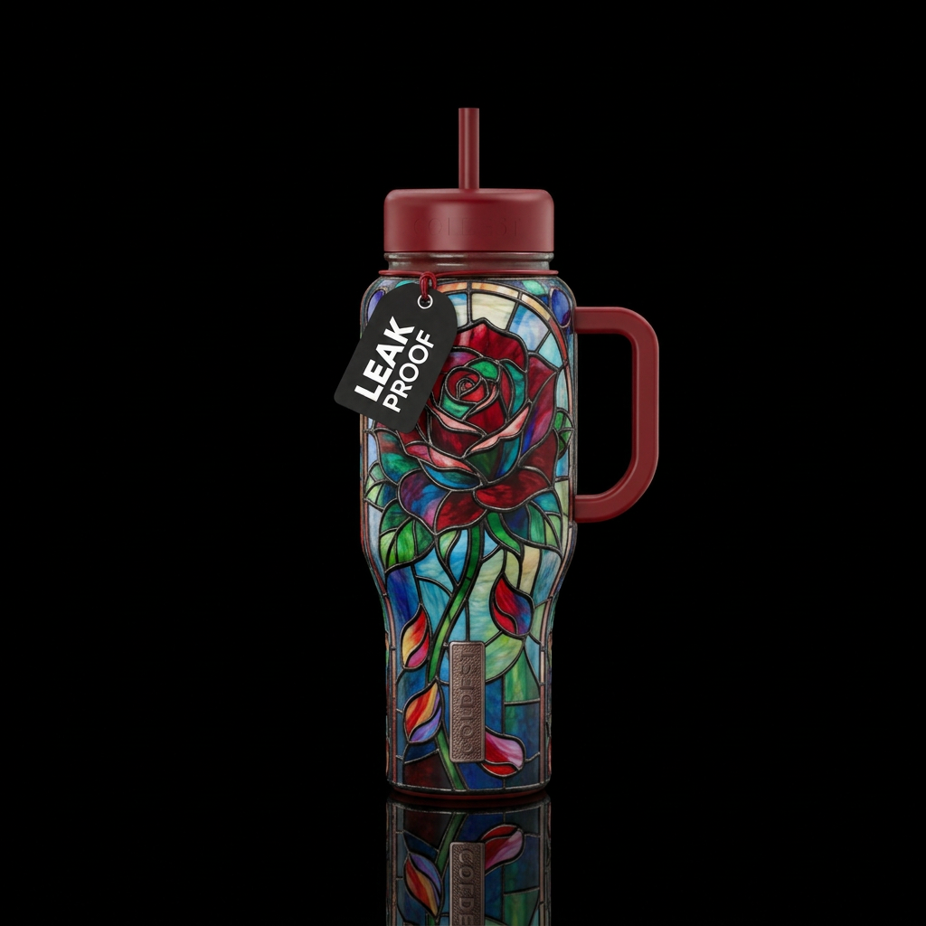 Stained glass rose with petals falling water bottle design