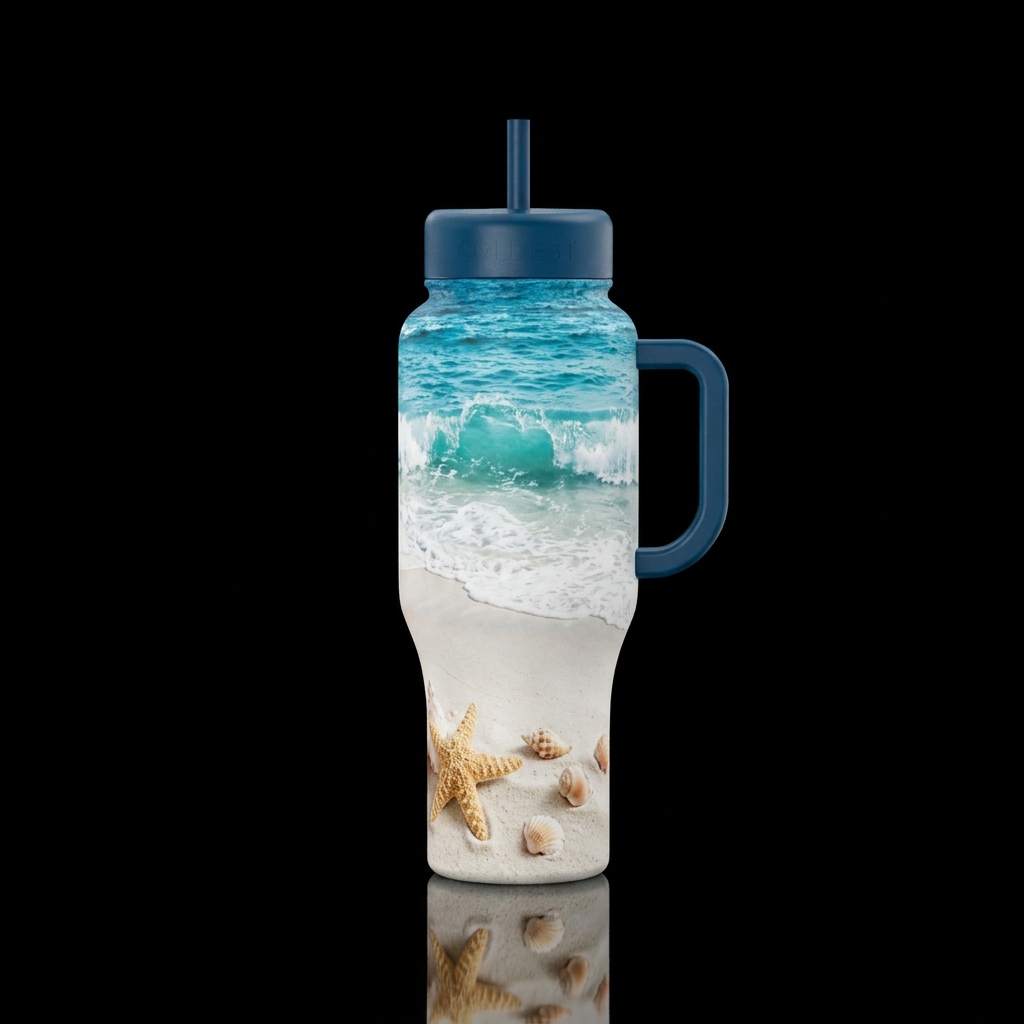 White sand beach with waves crashing over a starfi... water bottle design