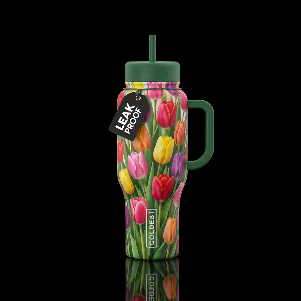 Vibrant hyper realistic multicolored tulips water bottle design