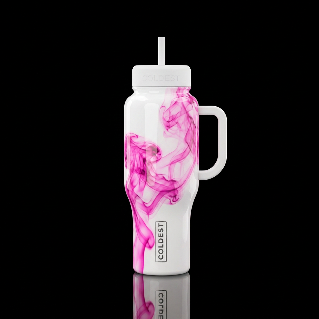Neon pink smoke on a white background with white h... water bottle design