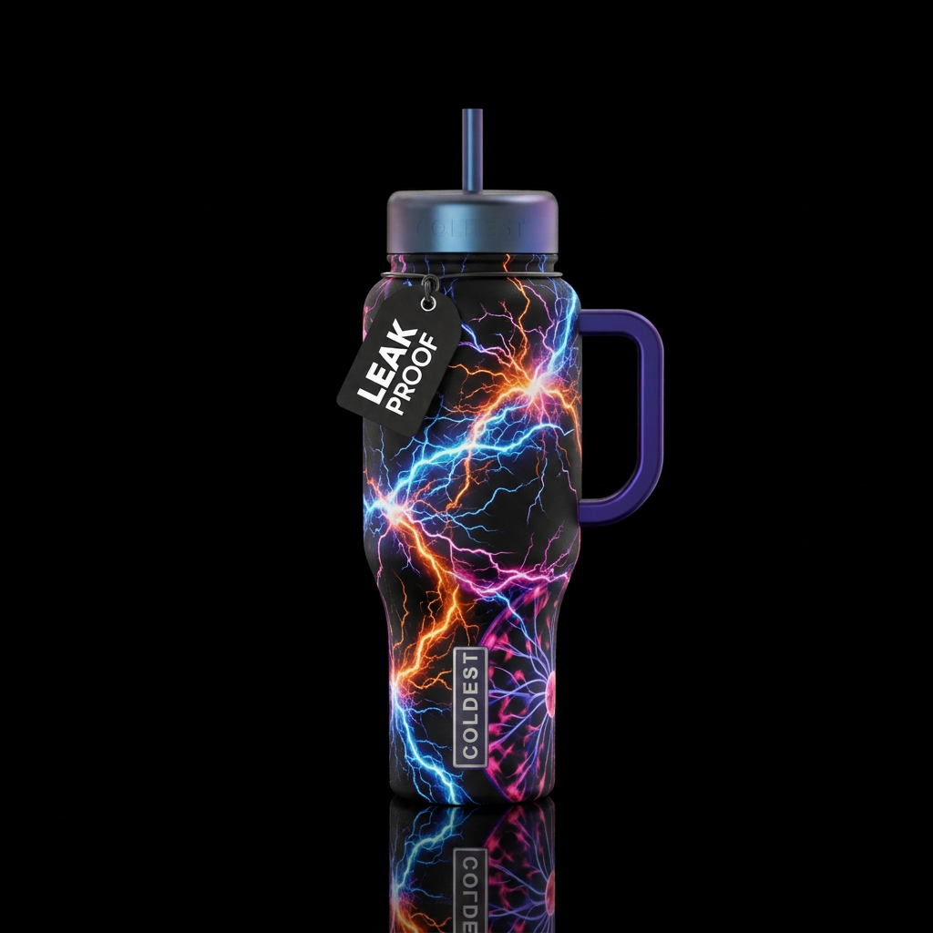 Multicolored electrical sparks on a black backgrou... water bottle design