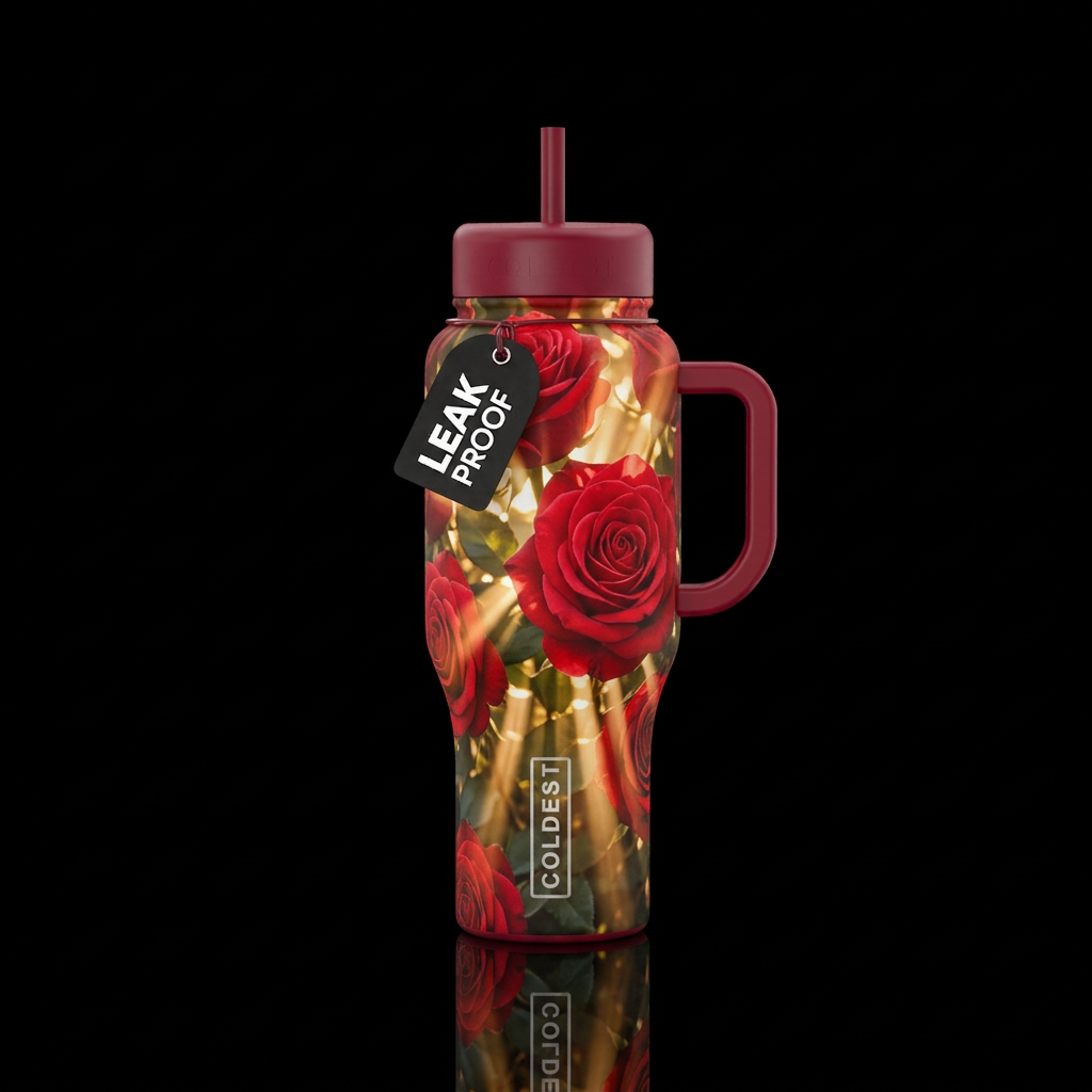 Closeup red roses with sunlight streaming through ... water bottle design