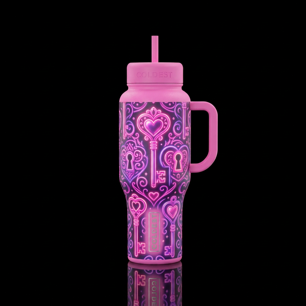 Dreamy neon pink key to my heart theme water bottle design