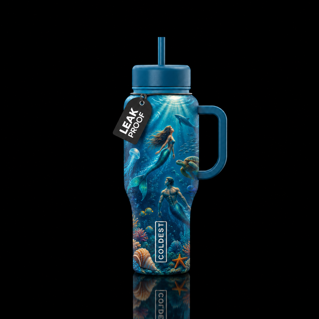Dreamy deep ocean with mermaids mermen and various... water bottle design