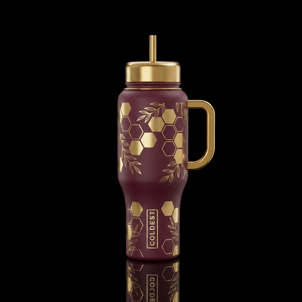 Gold and wine bottle with gold hexagons and gold l... water bottle design