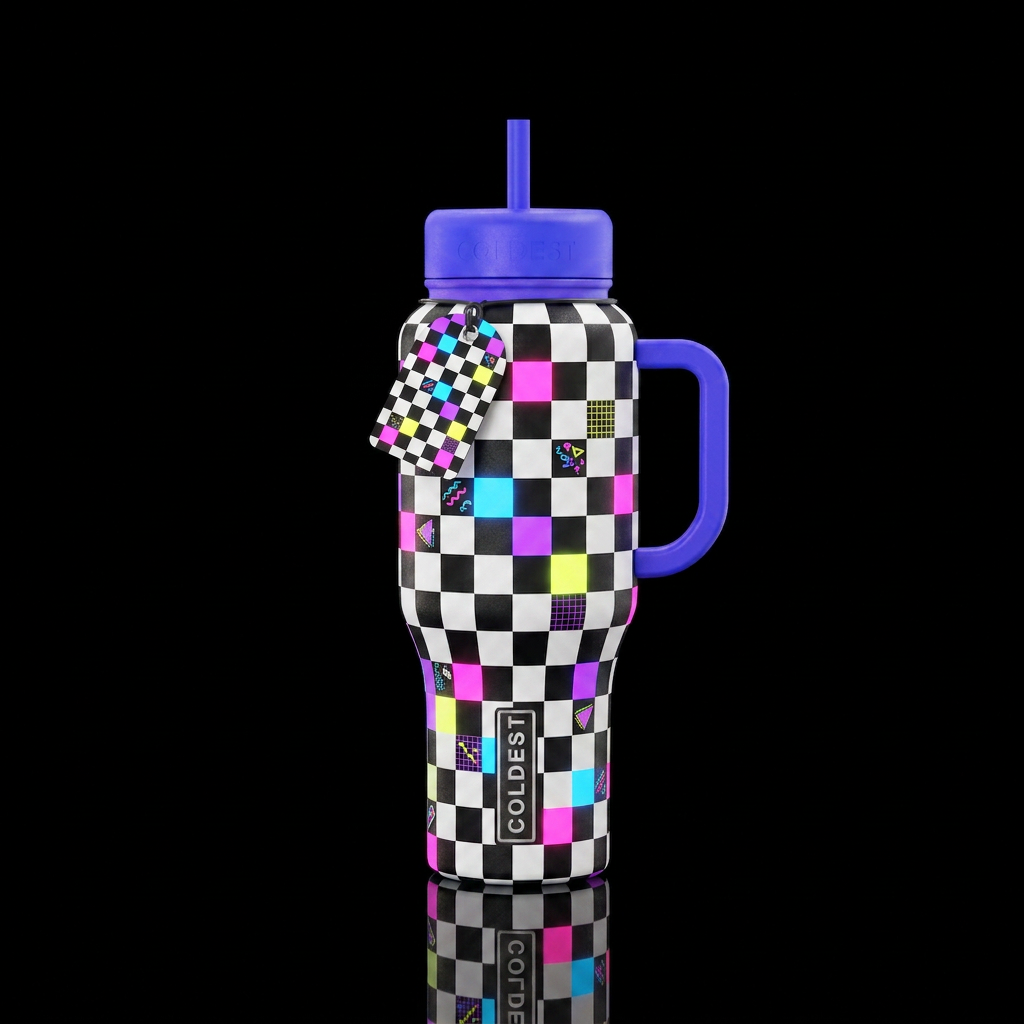 Black and white checker with neon squares and a to... water bottle design