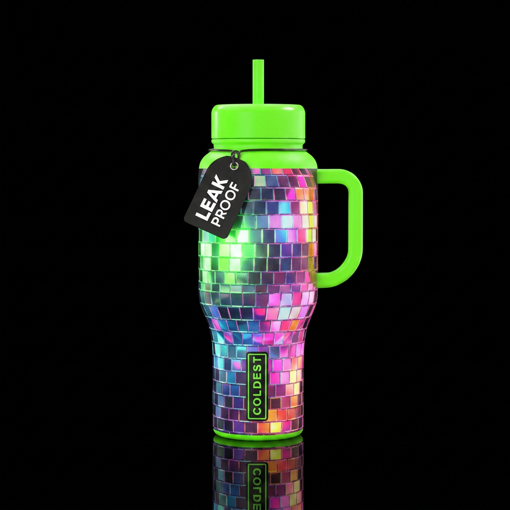 Neon colors, disco ball, with a neon green lid and... water bottle design