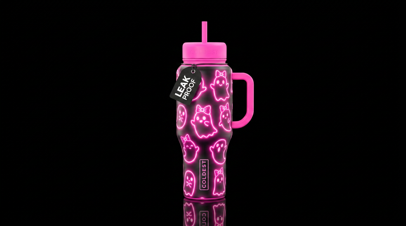 Neon pink, ghosts with bows, neon pink handle with... water bottle design