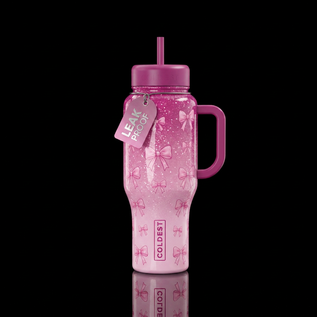 Pink bows, girly, glitter, ombré,  cute, bottle water bottle design