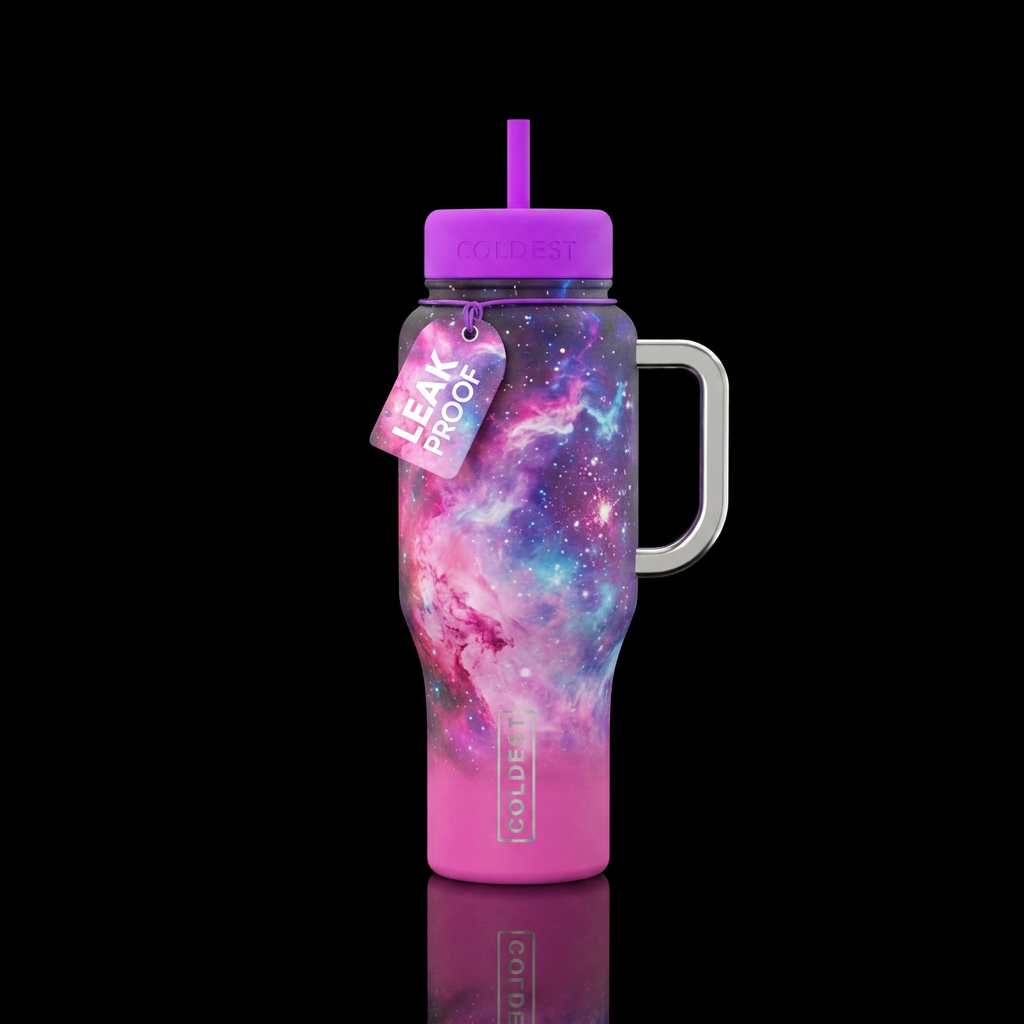 Nebula, with neon purple lid, silver shiny handle,... water bottle design