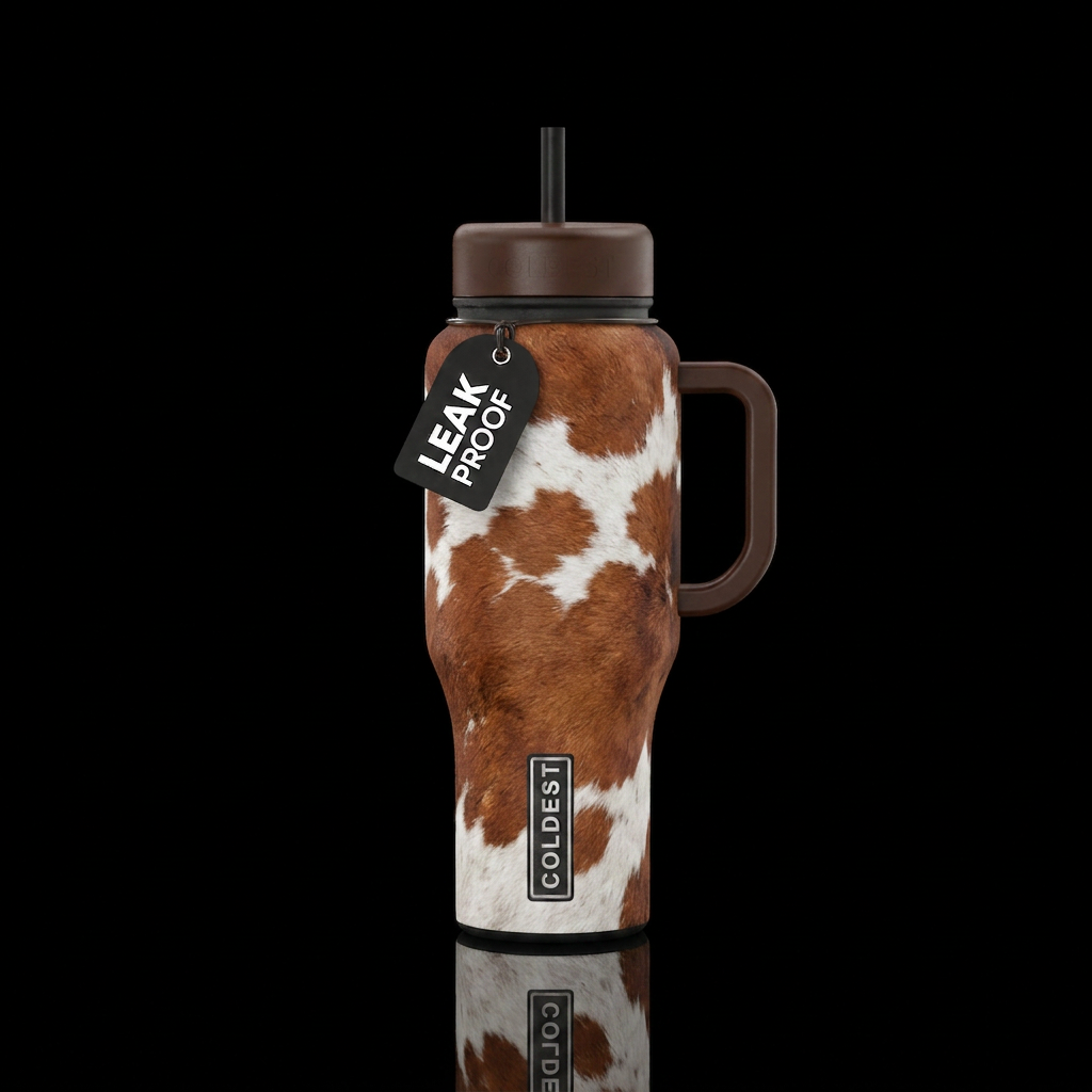 Western Christmas, brown, white, cow print water bottle design