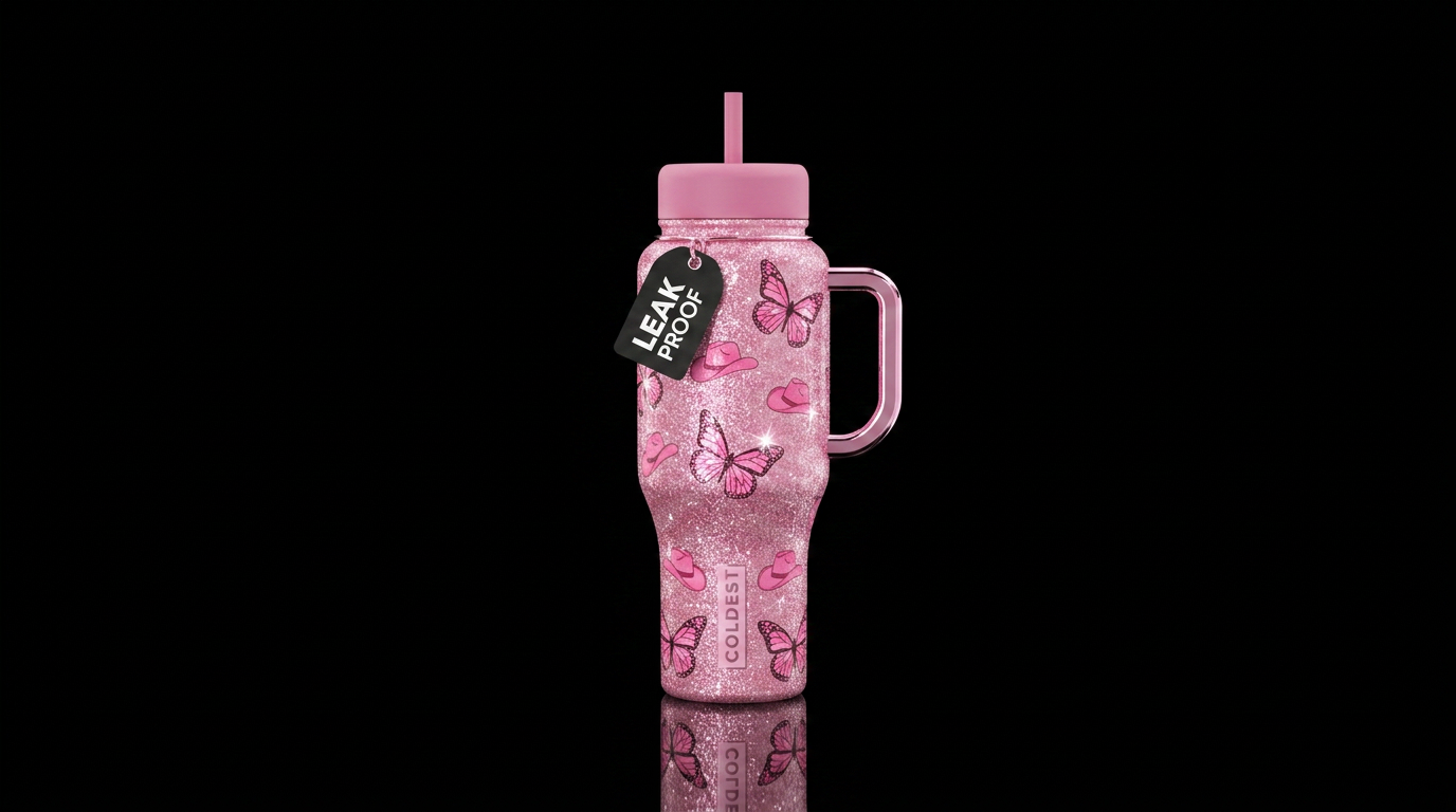 Pink glitter, pink butterflies, pink cowboy hats, ... water bottle design