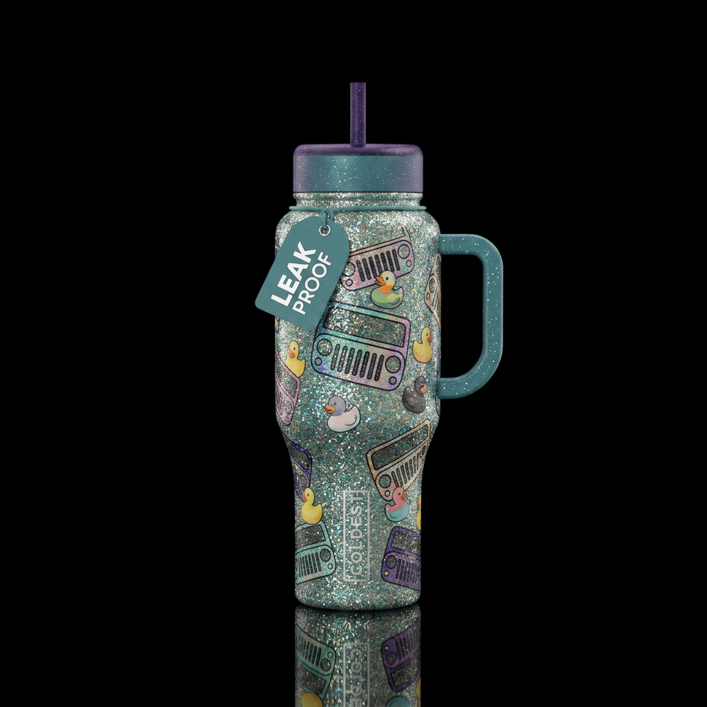 Jeep grills, rubber ducks, glitter water bottle design
