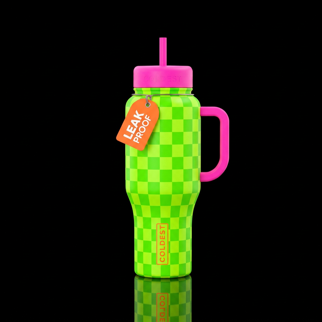Neon green checker, neon pink handle, neon pink li... water bottle design