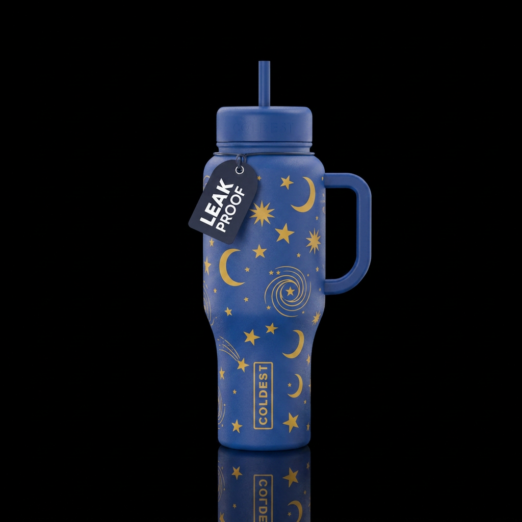 cobalt blue with mustard yellow stars and moons re... water bottle design