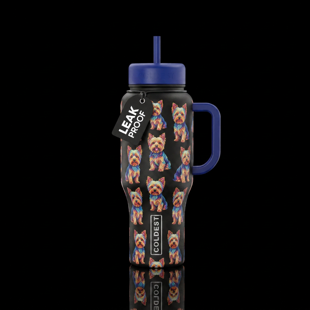 A repeating pattern of Yorkshire Terriers. water bottle design