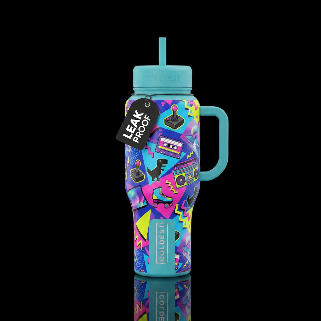 An 80s kid theme. water bottle design