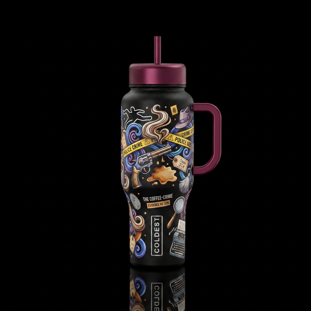 Crime-Coffee and Drama water bottle design