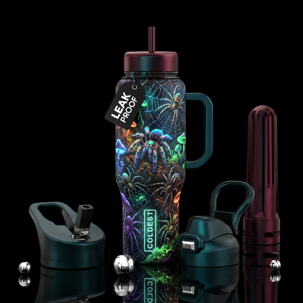 Spiders, dark colors, vibrant, nature, and glow in... water bottle design