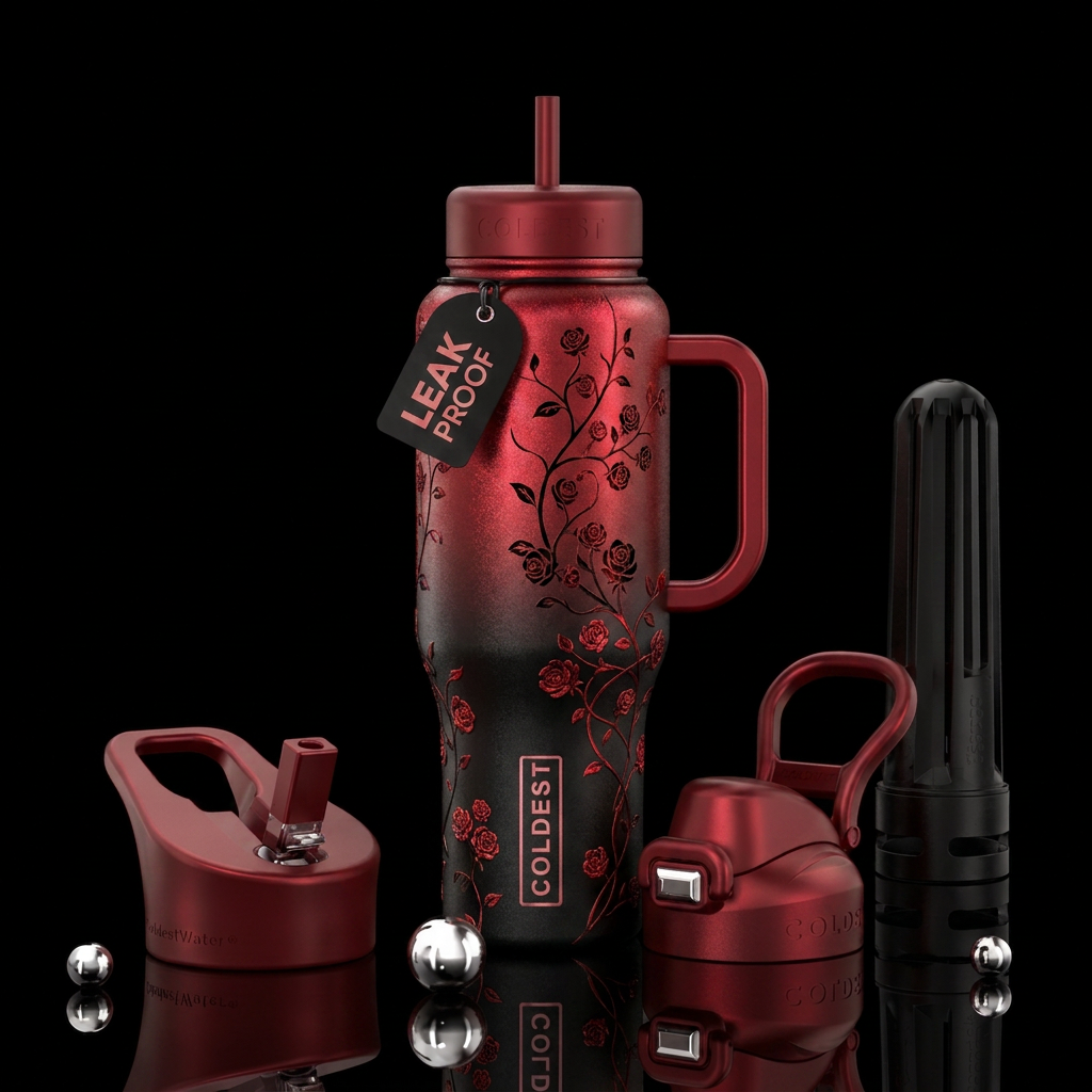 Ombré from black to red, shimmer, vines, roses water bottle design