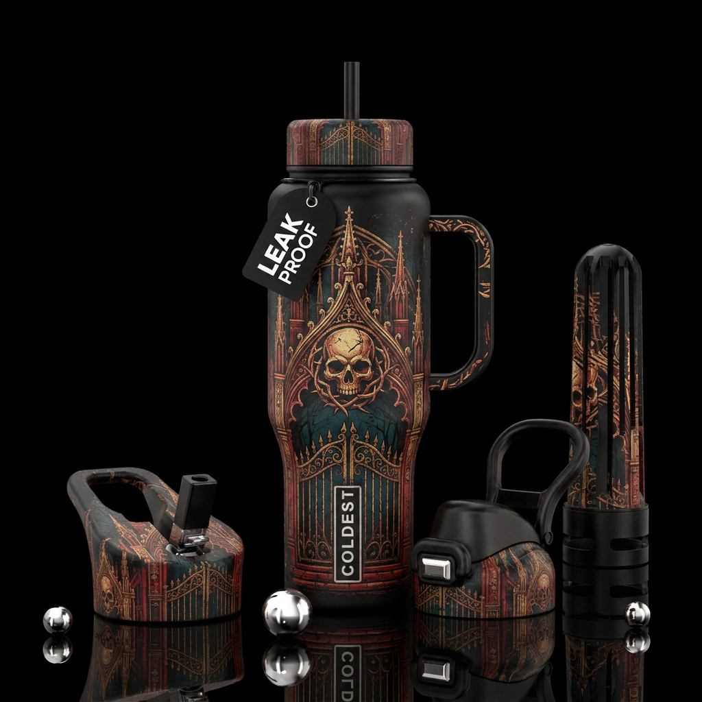Highly detailed vintage horror illustration, sophi... water bottle design